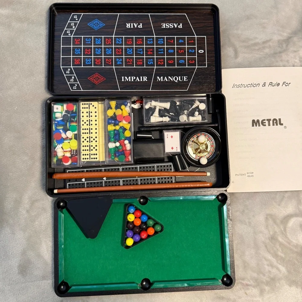 12-in-1‎ Tabletop Casino & Game Set Roulette Blackjack Pool Chess NWOT